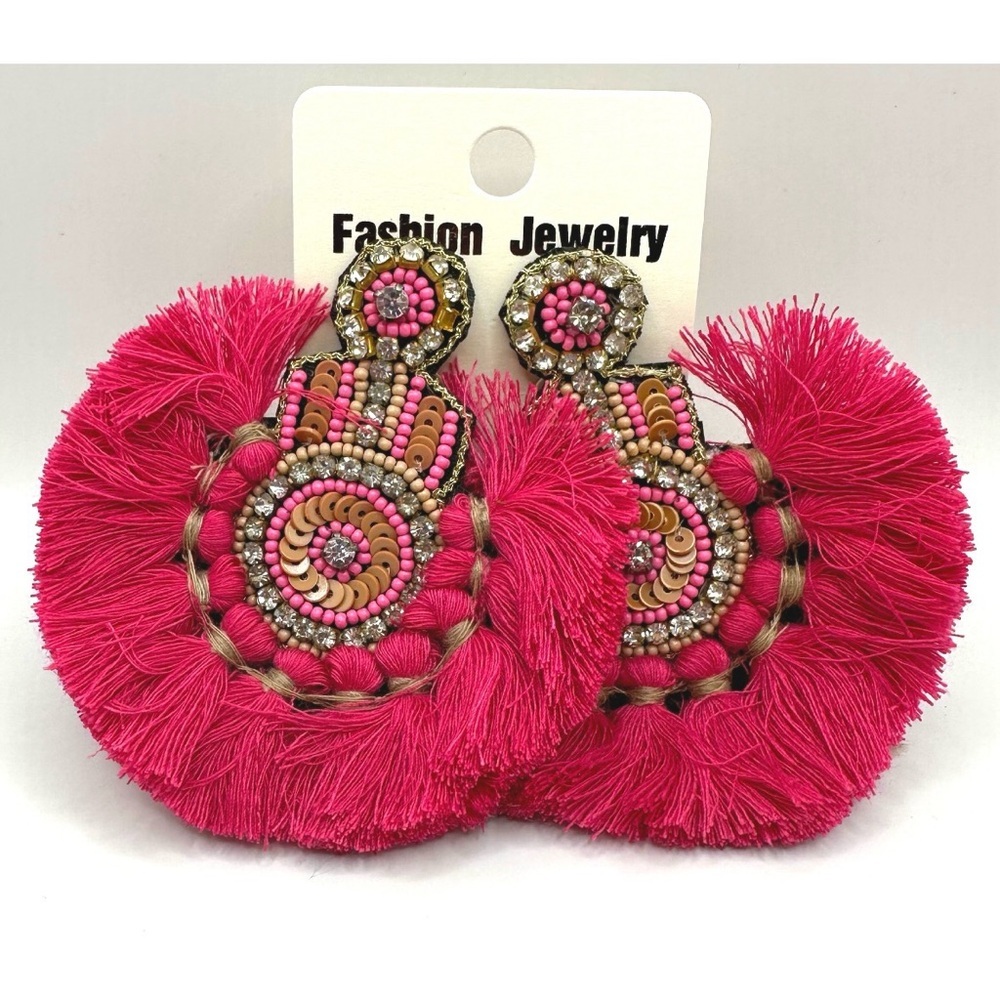 Boutique beaded, pink fringe statement earrings NWT
